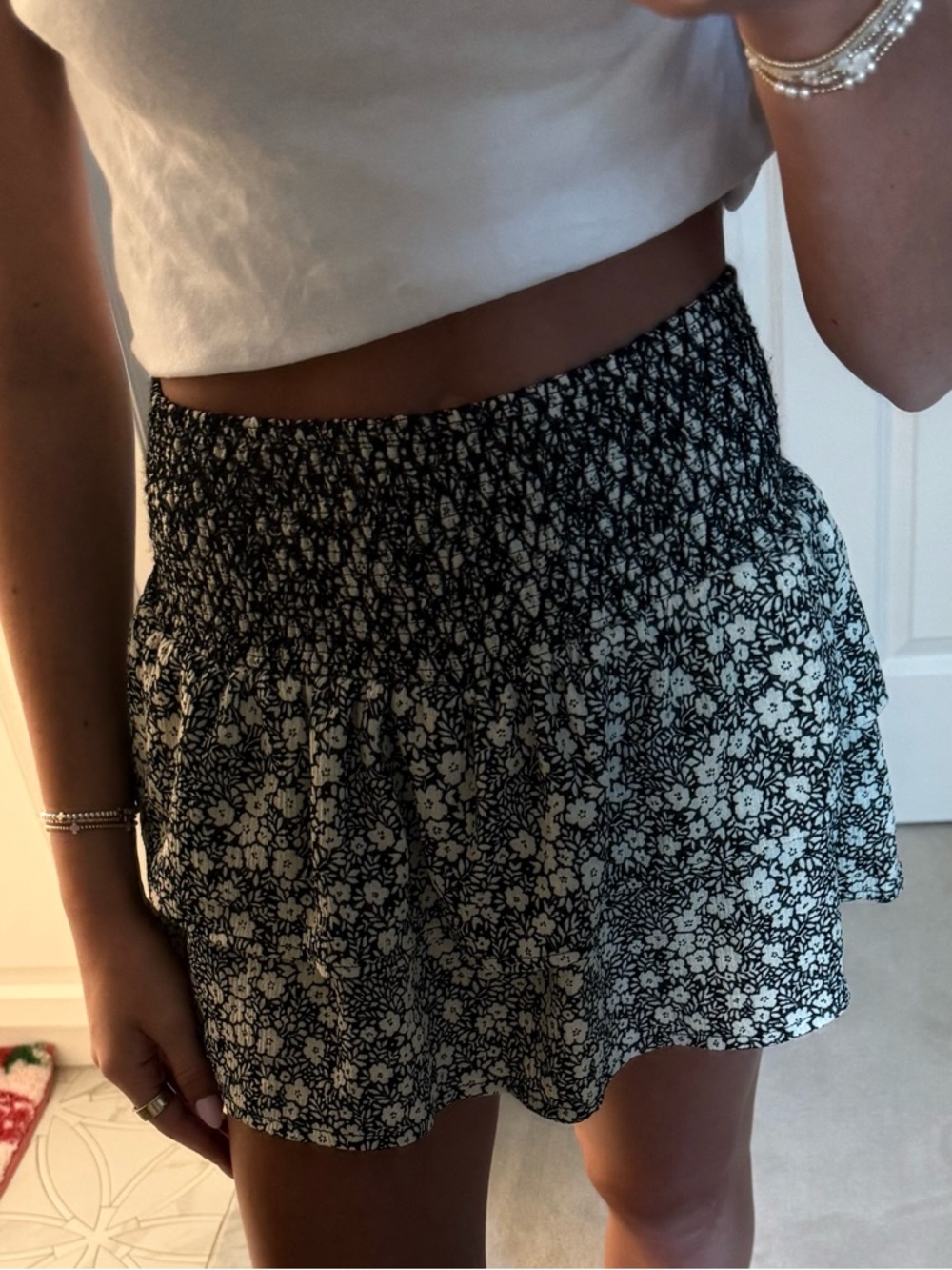 Zara Black and White Floral Smocked Mini Skirt